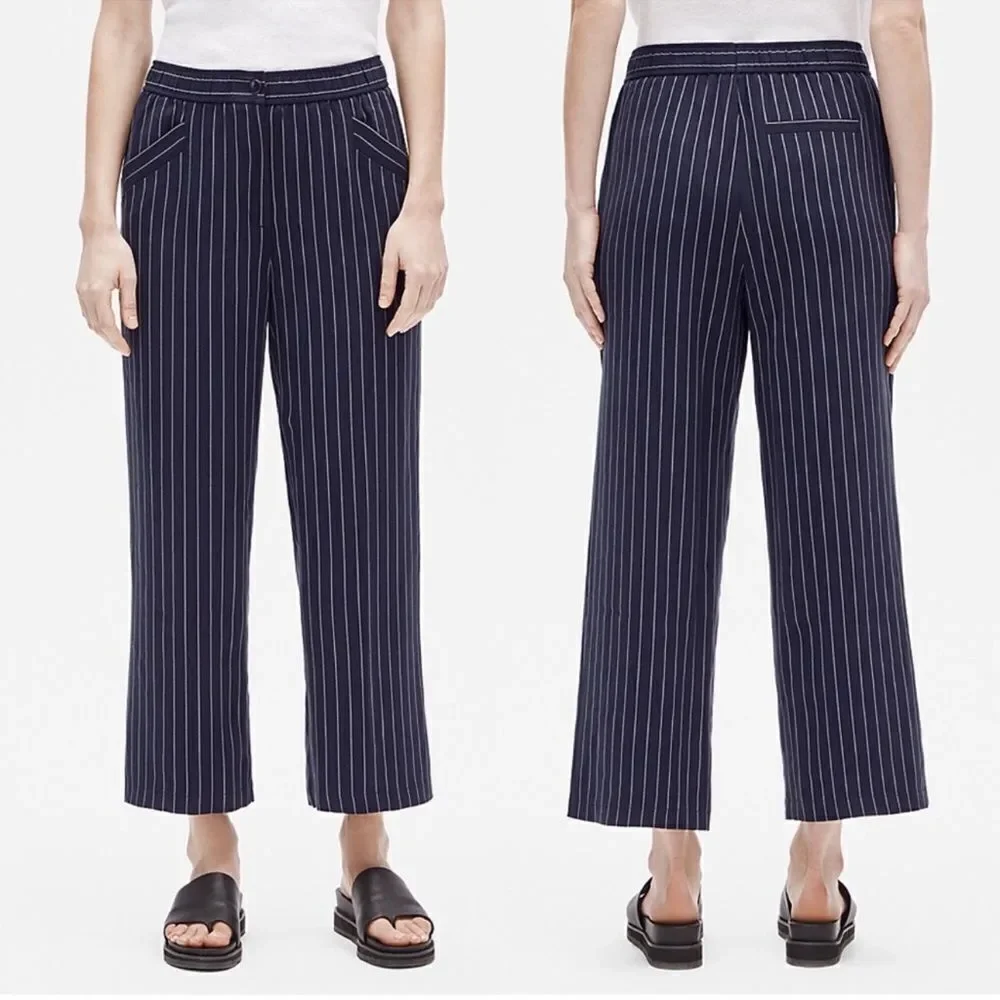 NEW Eileen Fisher Navy Blue white Pinstripe Wide Leg Crop Trouser Pant Size XL - Picture 3 of 8